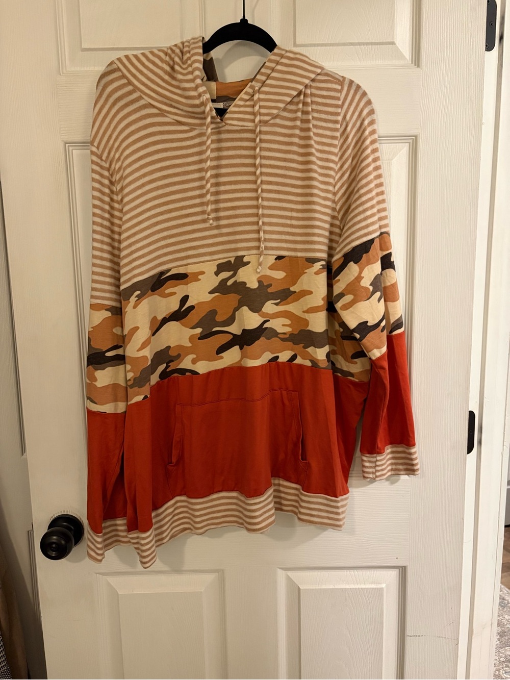 Sew In Love Striped Hooded Pullover with Tan Camo & Orange Panel